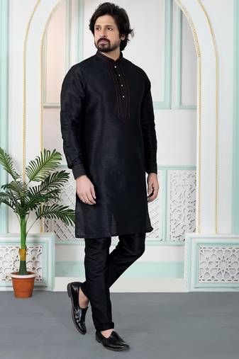 Black art silk straight kurta for men