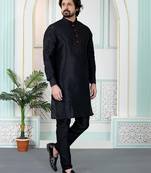 Black art silk straight kurta for men