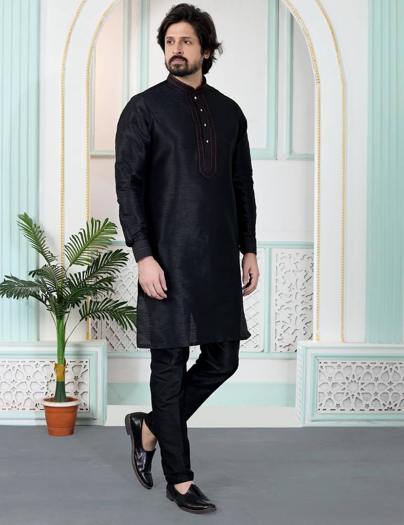 Black art silk straight kurta for men