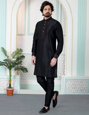 Black art silk straight kurta for men 2