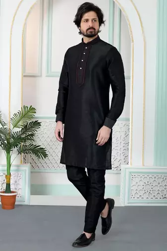 Black art silk straight kurta for men