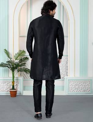 Black art silk straight kurta for men 3