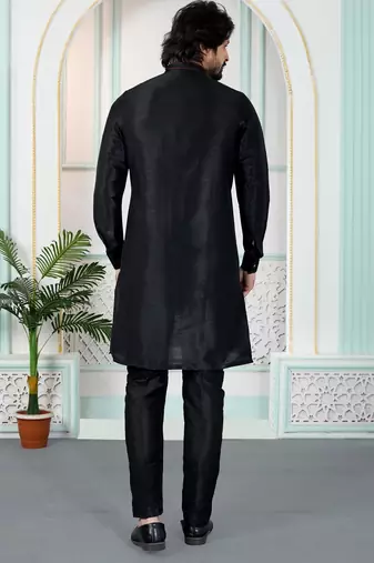 Black art silk straight kurta for men