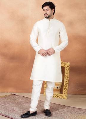 Cream art silk straight kurta for men 1