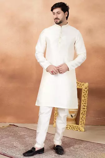 Cream art silk straight kurta for men