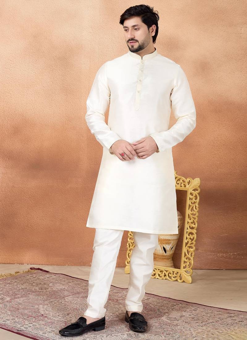 Cream art silk straight kurta for men