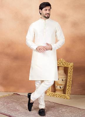 Cream art silk straight kurta for men 2