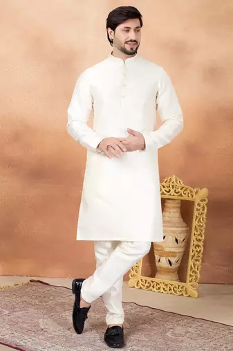 Cream art silk straight kurta for men