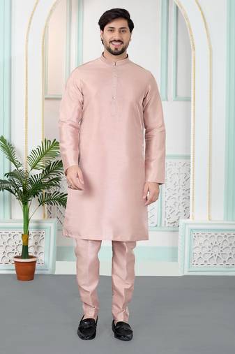 Pink art silk straight kurta for men