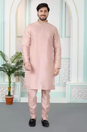 Pink art silk straight kurta for men