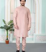 Pink art silk straight kurta for men