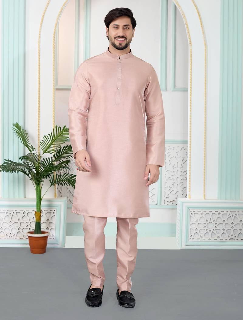 Pink art silk straight kurta for men