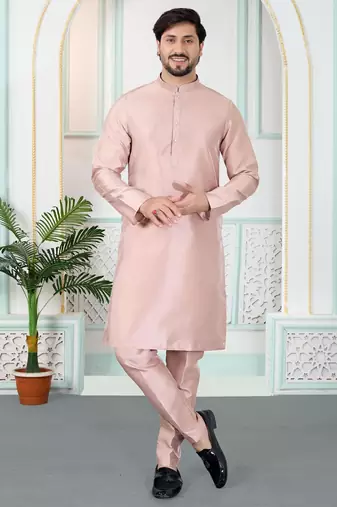 Pink art silk straight kurta for men