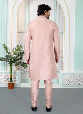 Pink art silk straight kurta for men 3