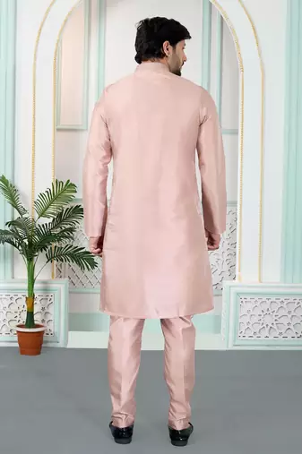Pink art silk straight kurta for men
