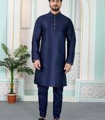 Blue art silk straight kurta for men