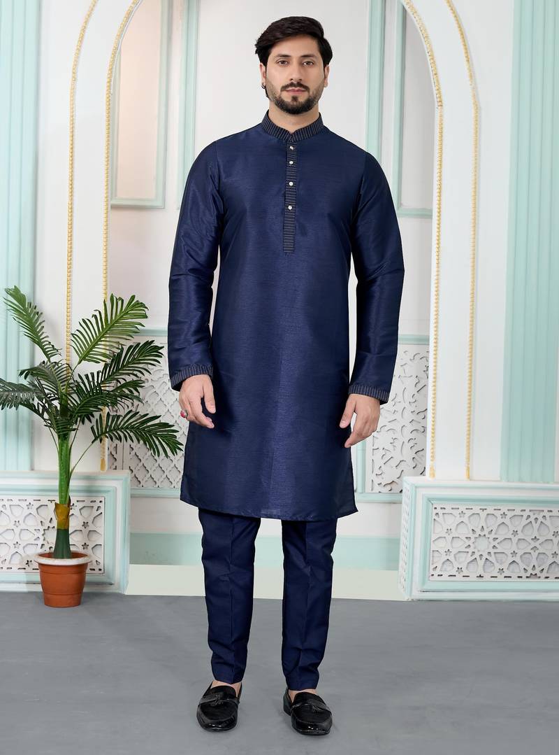 Blue art silk straight kurta for men