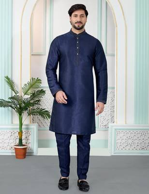 Blue art silk straight kurta for men 2