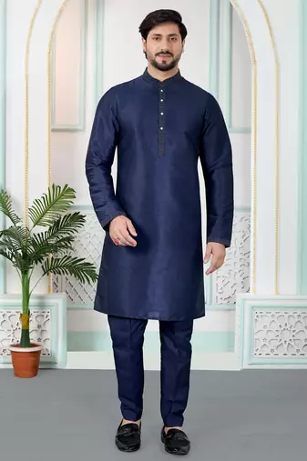 Blue art silk straight kurta for men