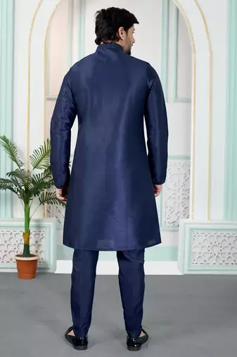 Blue art silk straight kurta for men