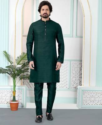 Green art silk straight kurta for men 1