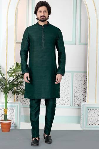 Green art silk straight kurta for men