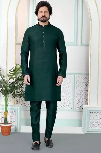 Green art silk straight kurta for men