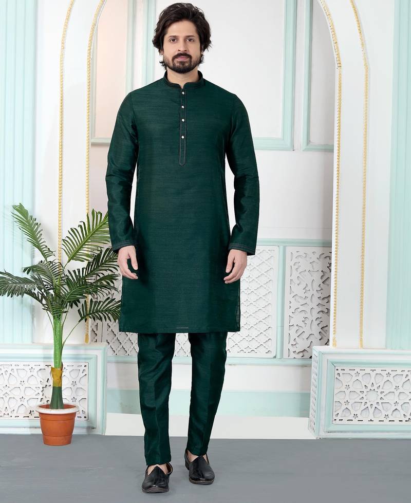 Green art silk straight kurta for men