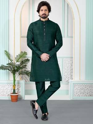 Green art silk straight kurta for men 2