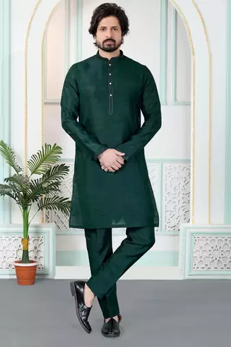 Green art silk straight kurta for men