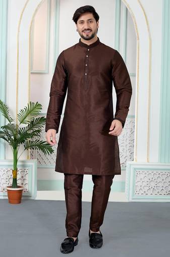 Brown art silk straight kurta for men
