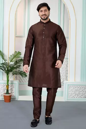 Brown art silk straight kurta for men
