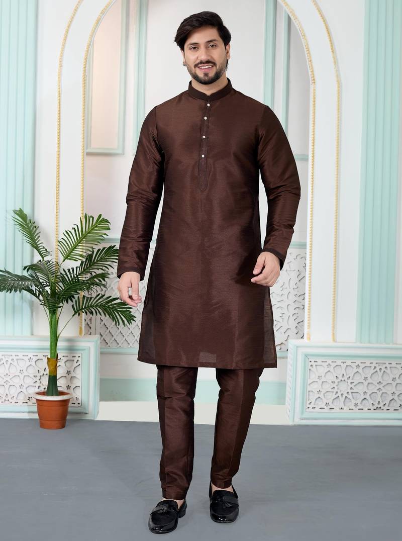 Brown art silk straight kurta for men