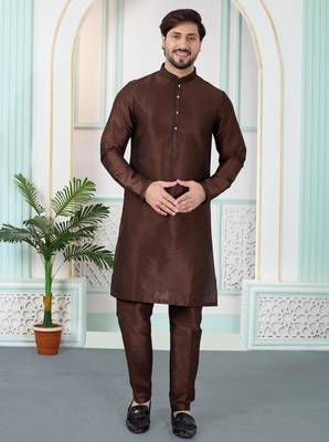 Brown art silk straight kurta for men 2
