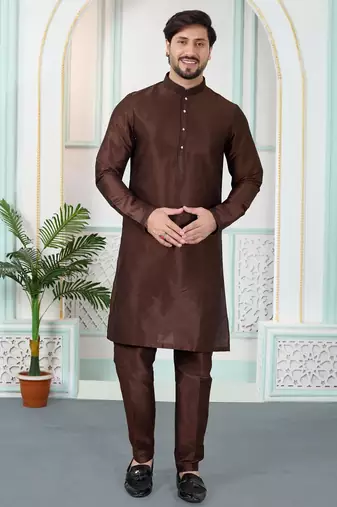 Brown art silk straight kurta for men