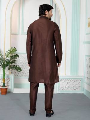 Brown art silk straight kurta for men 3
