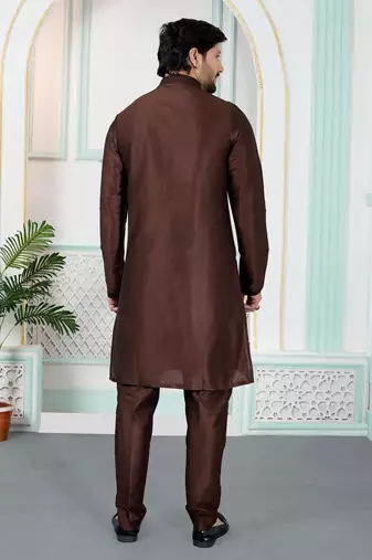 Brown art silk straight kurta for men