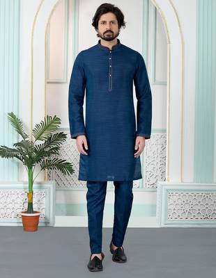 Blue art silk straight kurta for men 1
