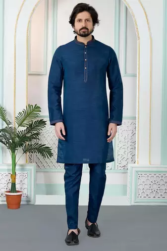 Blue art silk straight kurta for men
