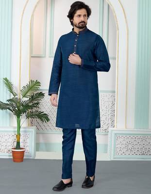 Blue art silk straight kurta for men 2