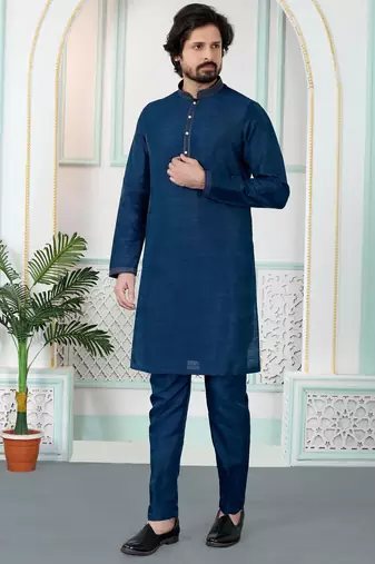 Blue art silk straight kurta for men