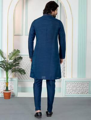 Blue art silk straight kurta for men 3