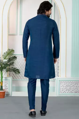 Blue art silk straight kurta for men