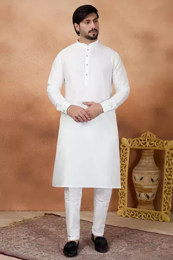 Off white art silk straight kurta for men