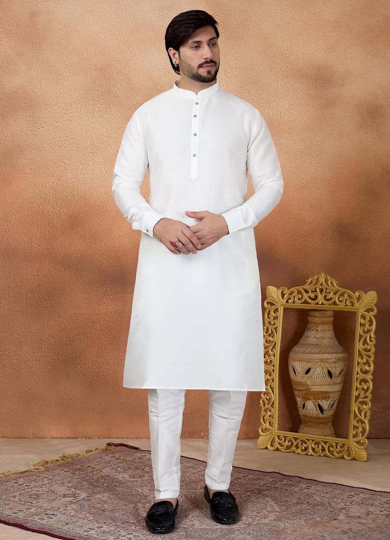 Off white art silk straight kurta for men
