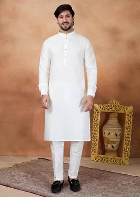 Off white art silk straight kurta for men 2