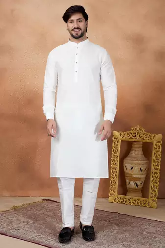 Off white art silk straight kurta for men