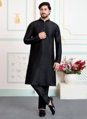 Black art silk straight kurta for men 1