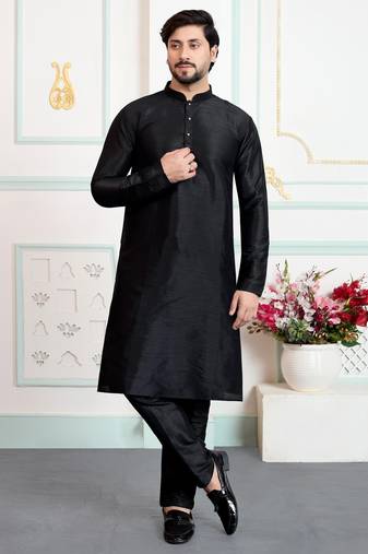 Black art silk straight kurta for men