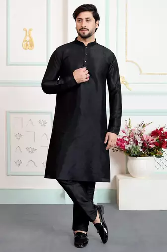 Black art silk straight kurta for men